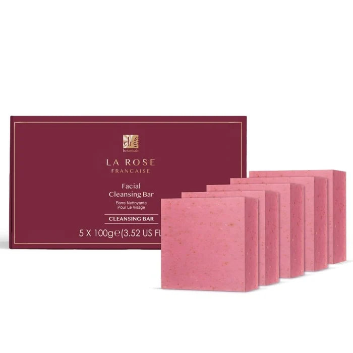Set of pink facial cleansing bars with a red box labeled 'La Rose Française' on a white background.