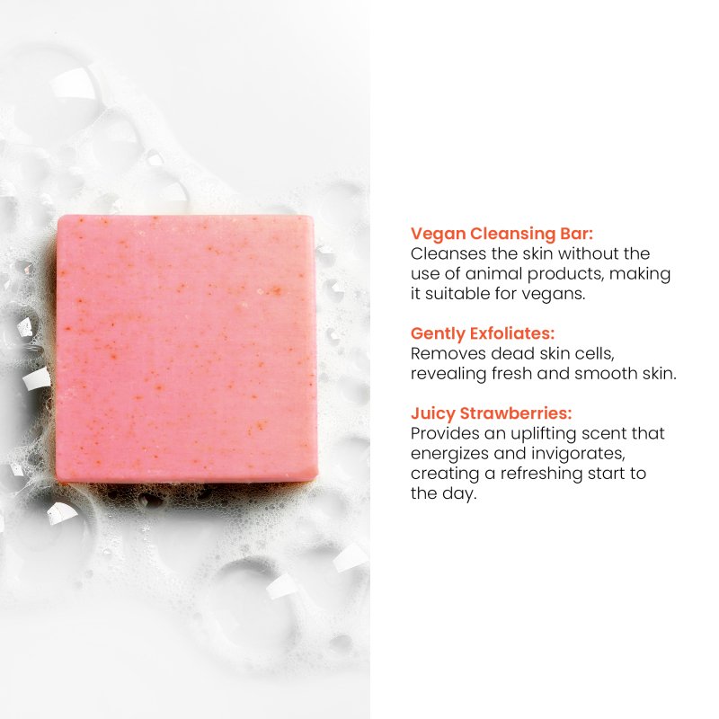 Pink vegan cleansing bar with text describing its benefits on a white background