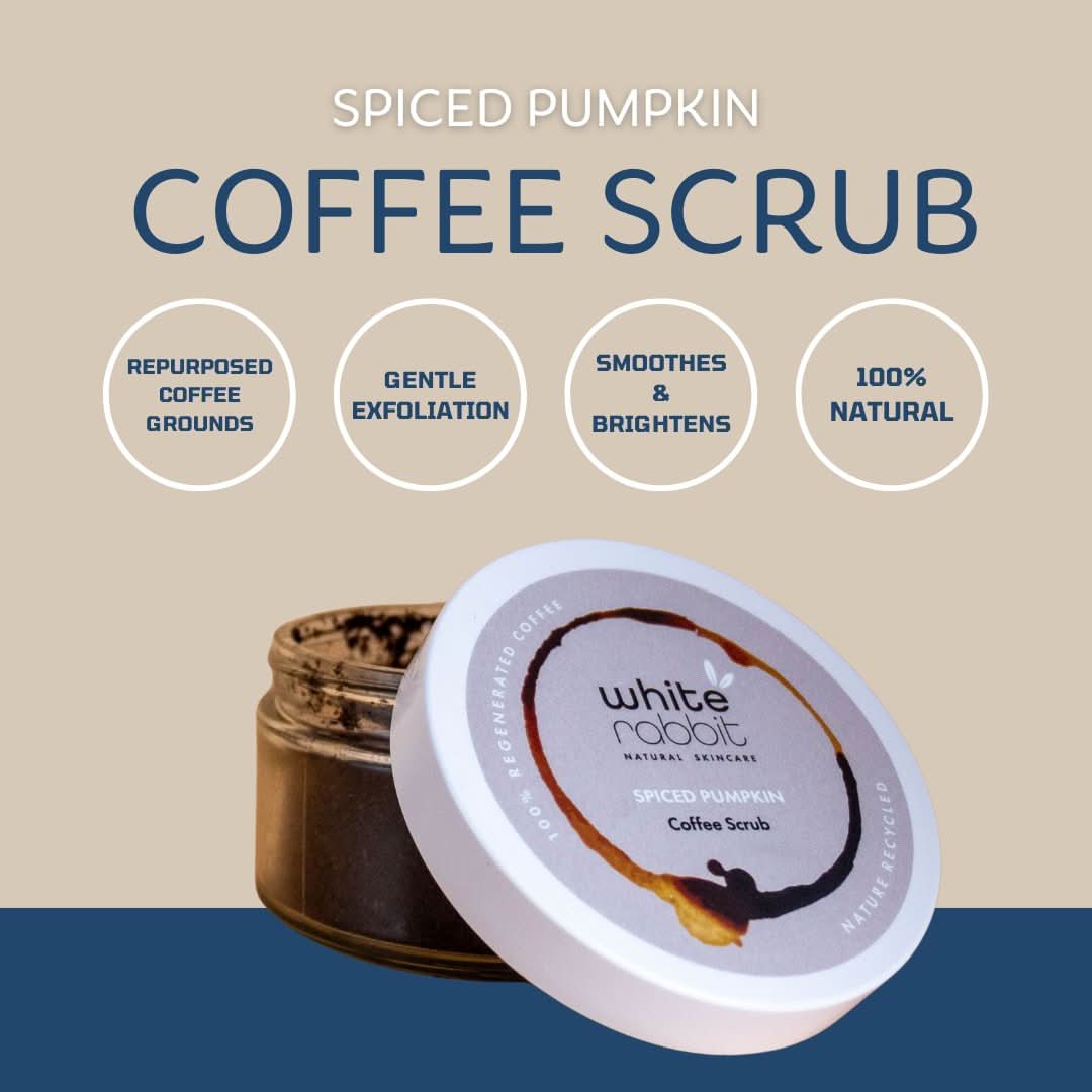 Spiced pumpkin coffee scrub with a jar and container on a beige background