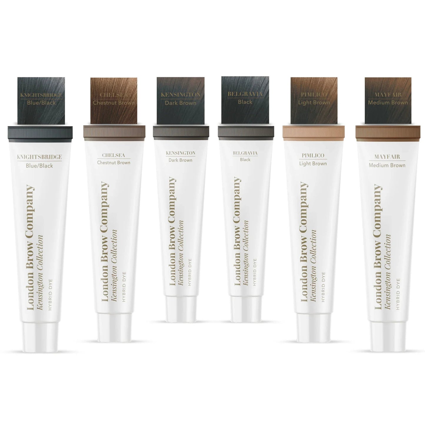 Set of London Brow Company eyebrow products with colour swatches on a white background