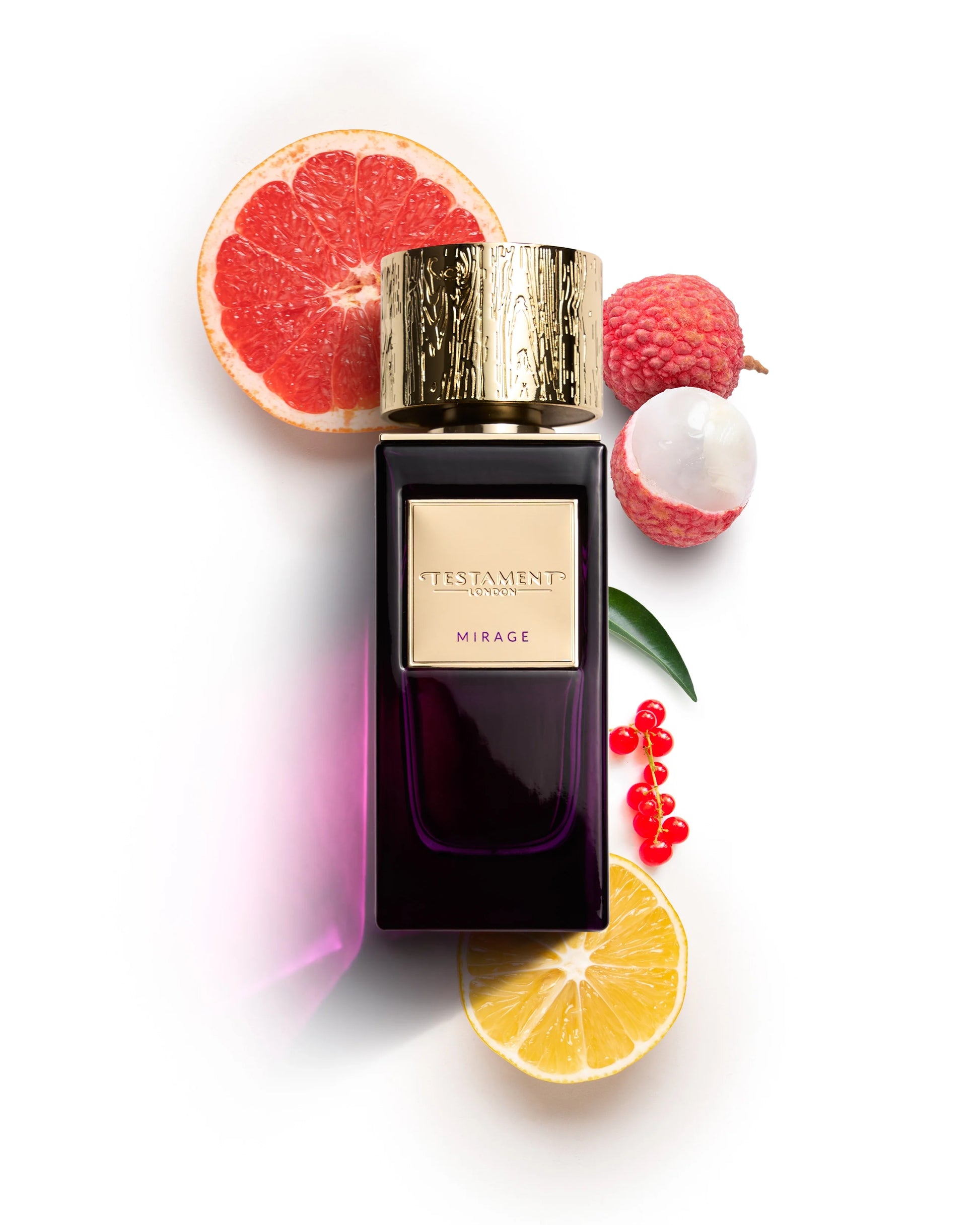 Perfume bottle labeled 'Mirage' surrounded by fruits on a white background