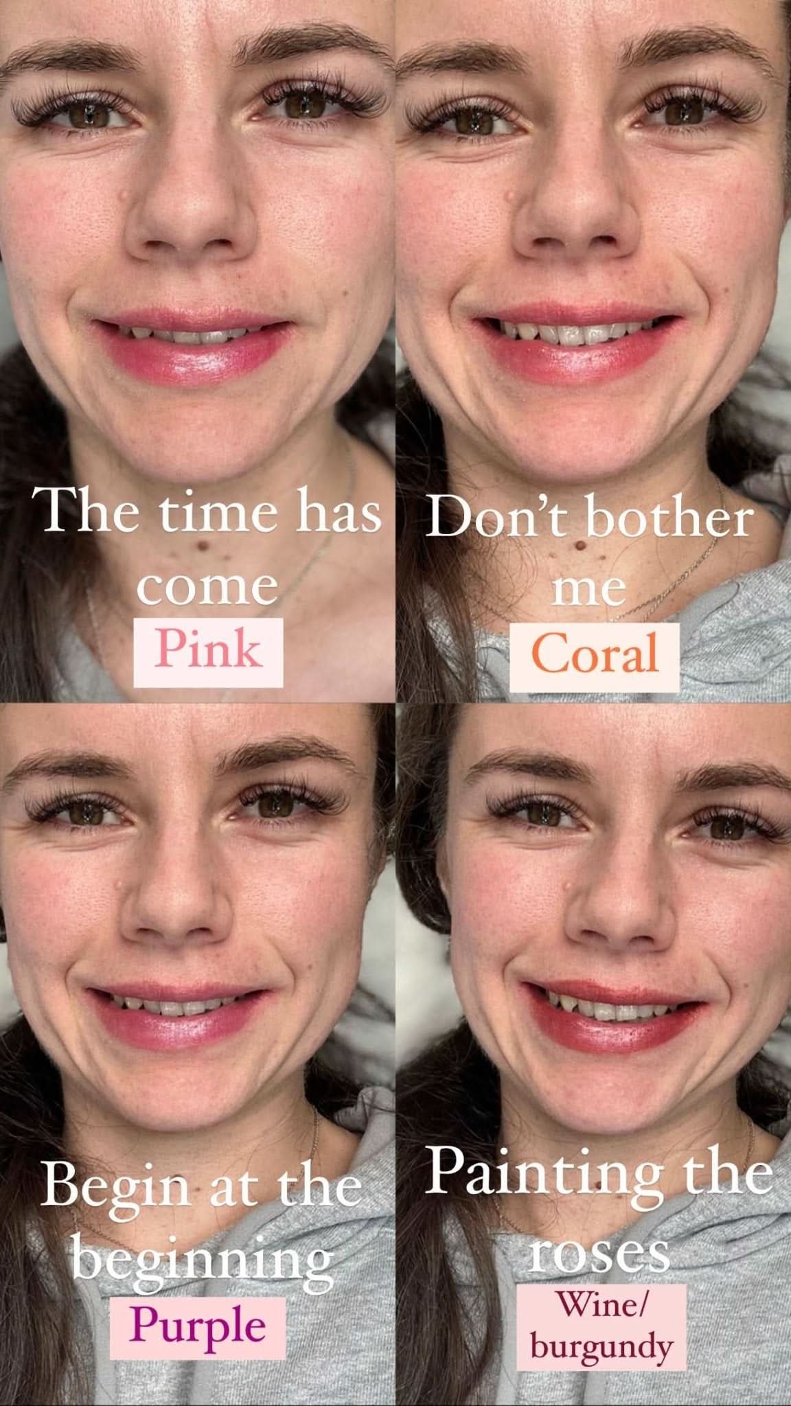 Collage of a person with different White Rabbit Organic Tinted Lip & Cheek Balm shades labelled on a grey background