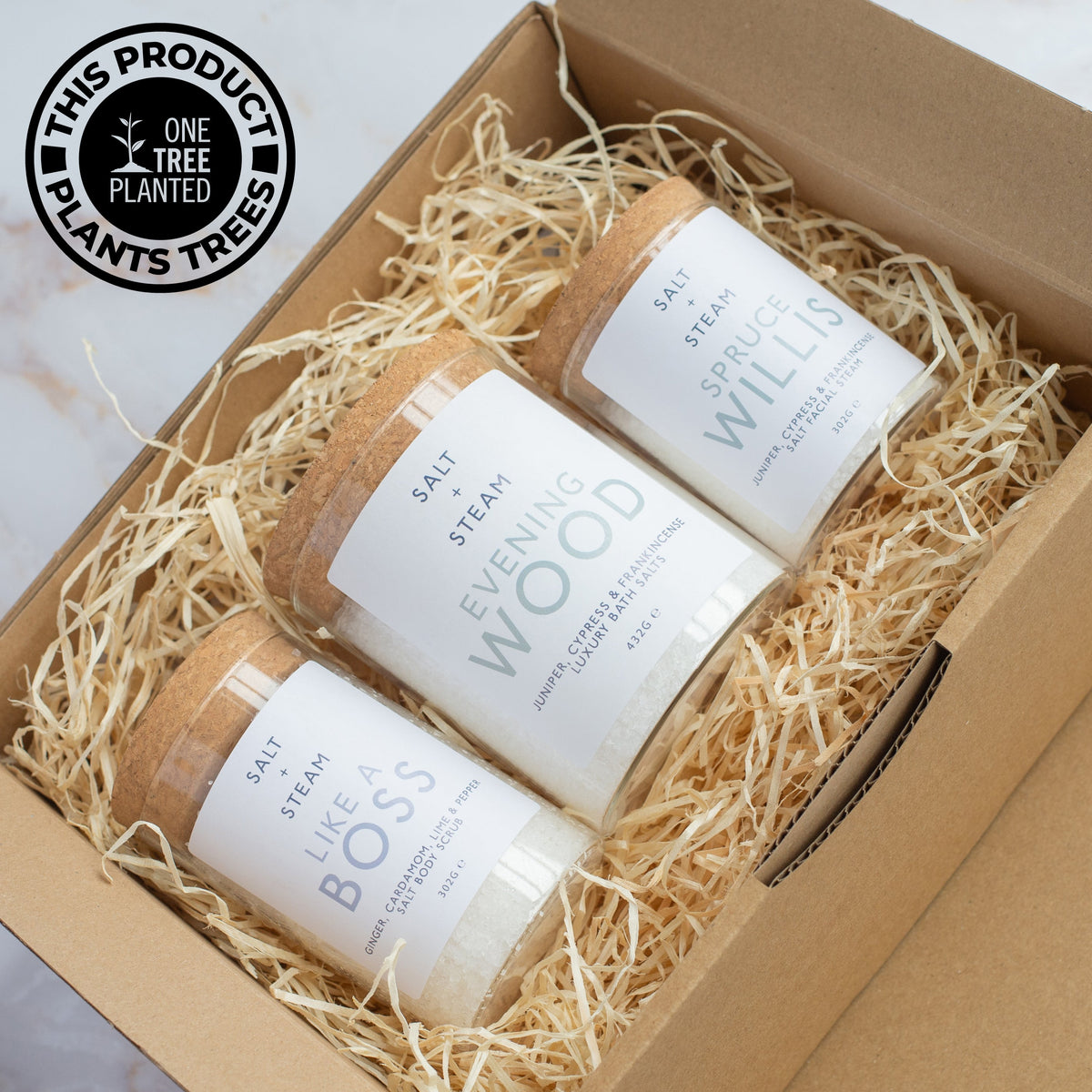 Salt + Steam Outdoorsy gift set with facial steam, bath salts and body scrub