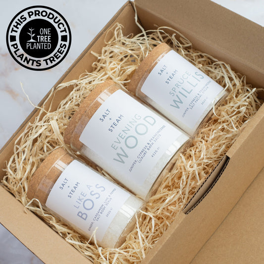Salt + Steam Outdoorsy gift set with facial steam, bath salts and body scrub