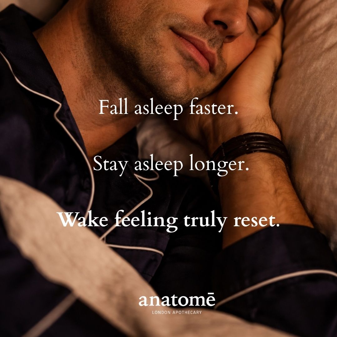 Person lying down with text about sleep quality and a brand logo at the bottom.