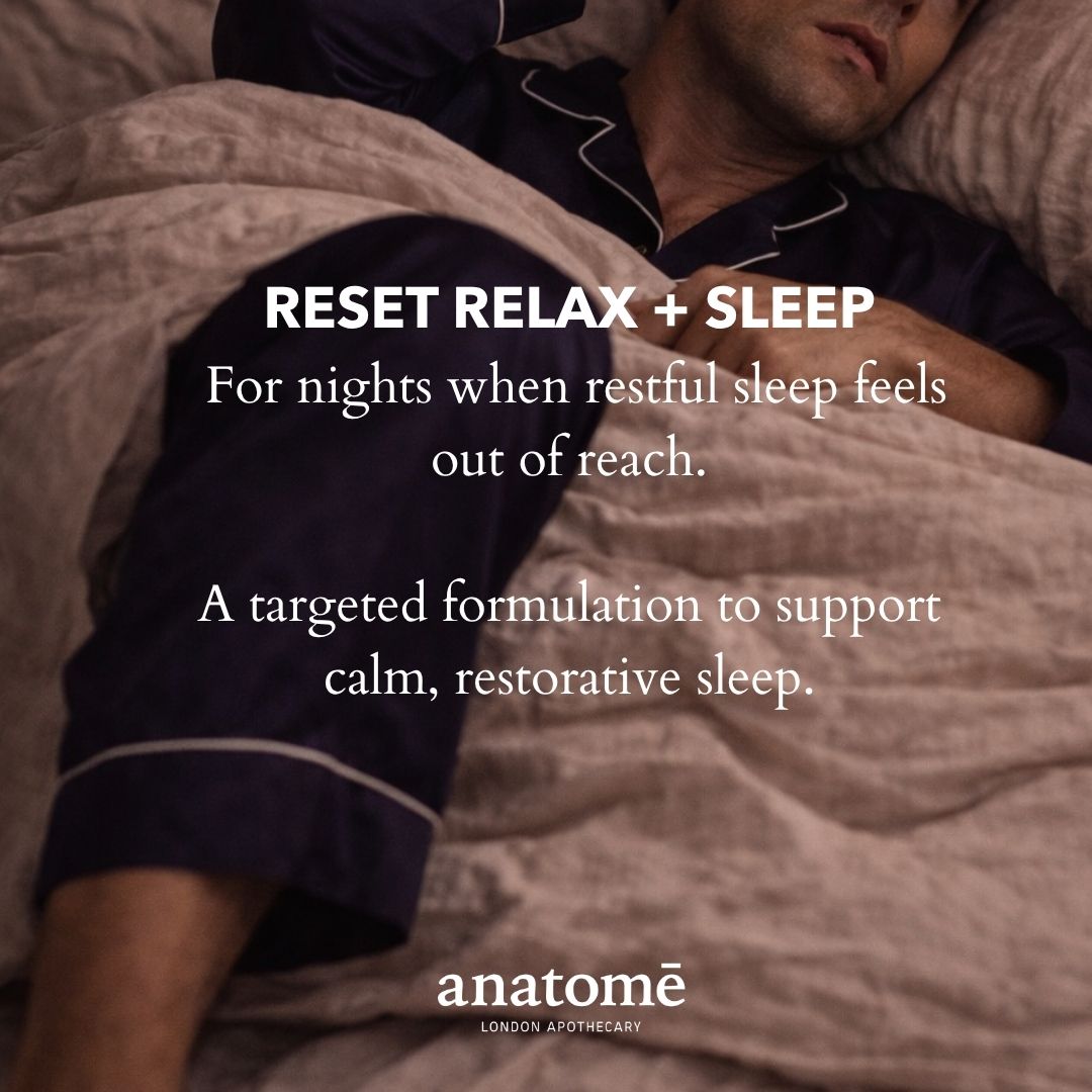 Person lying in bed with text about sleep support and anatomé brand.