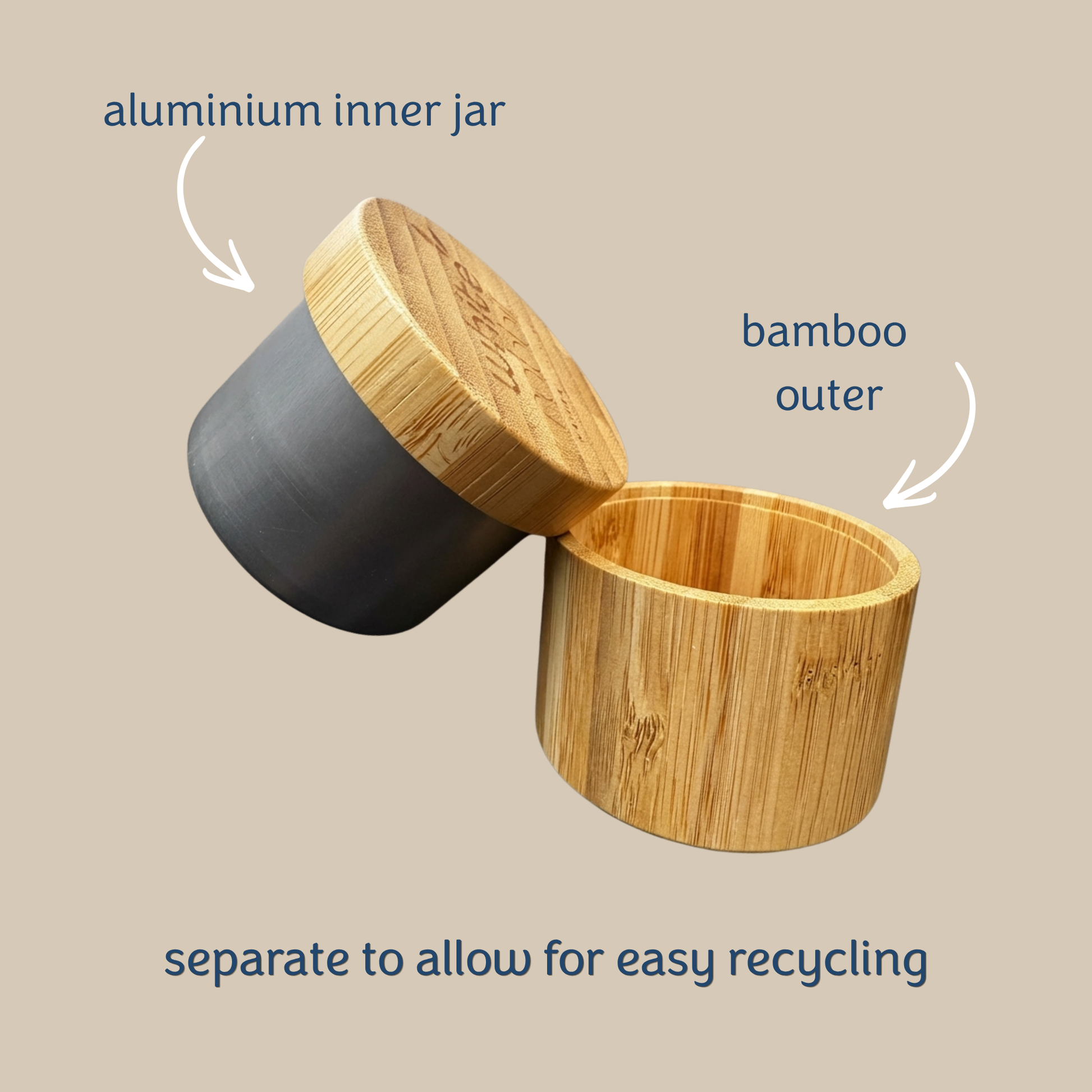Bamboo container with aluminium inner jar on a beige background
