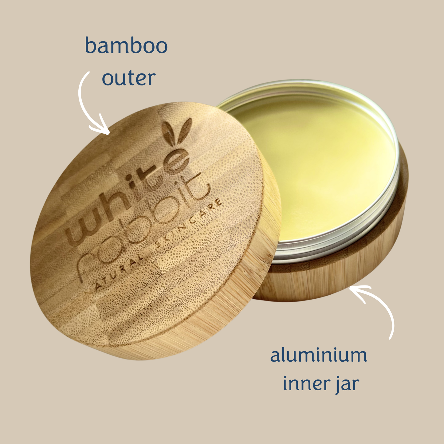 A round bamboo outer lid engraved with the brand name 'white rabbit natural skincare' is shown beside an open bamboo-and-aluminium inner jar containing pale yellow balm. Arrows and text label the bamboo outer piece and aluminium inner jar on a plain beige background.