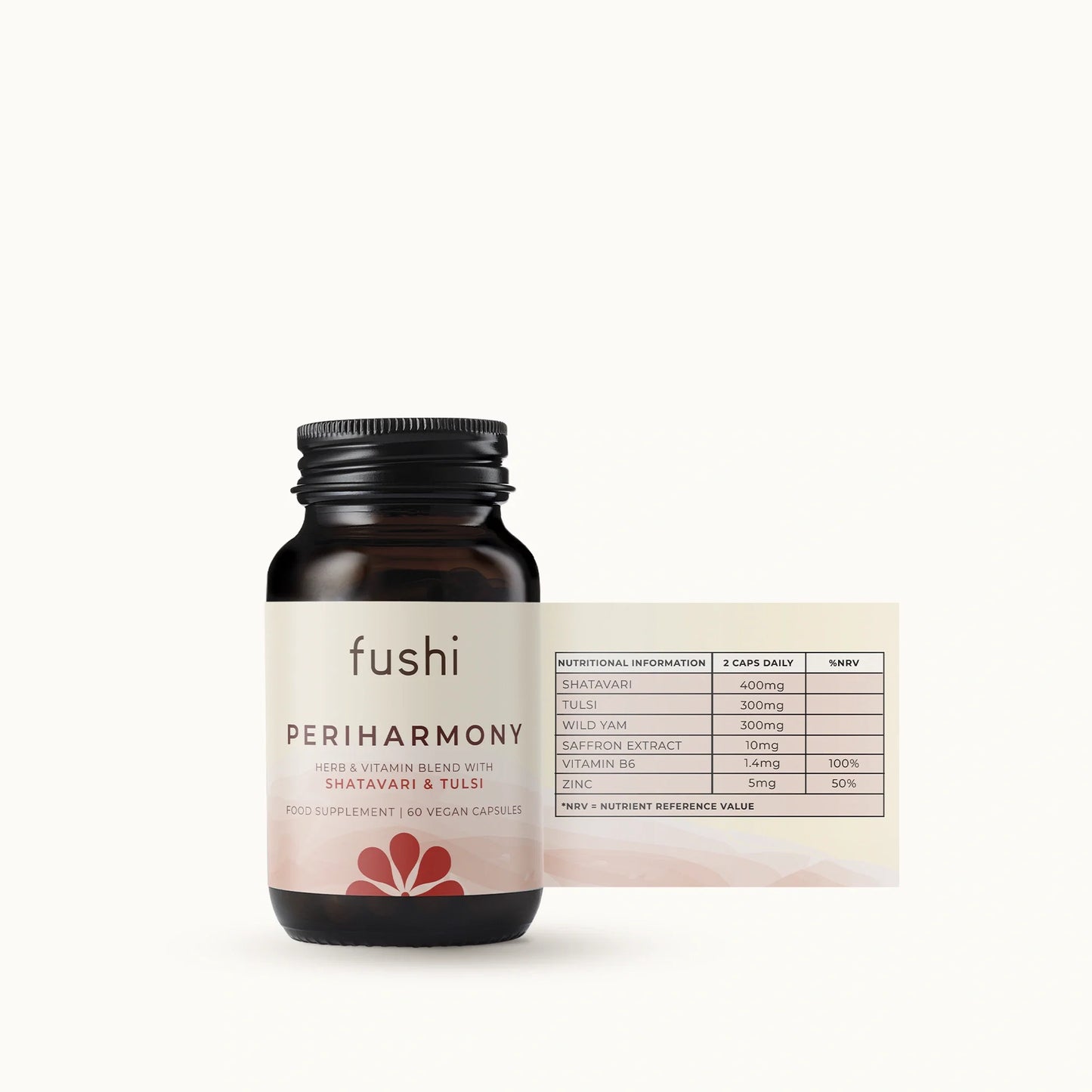 A black supplement bottle labeled 'fushi PERIHARMONY' with a cream-coloured label and a red flower graphic, shown next to a small ingredient information card on a plain light background.