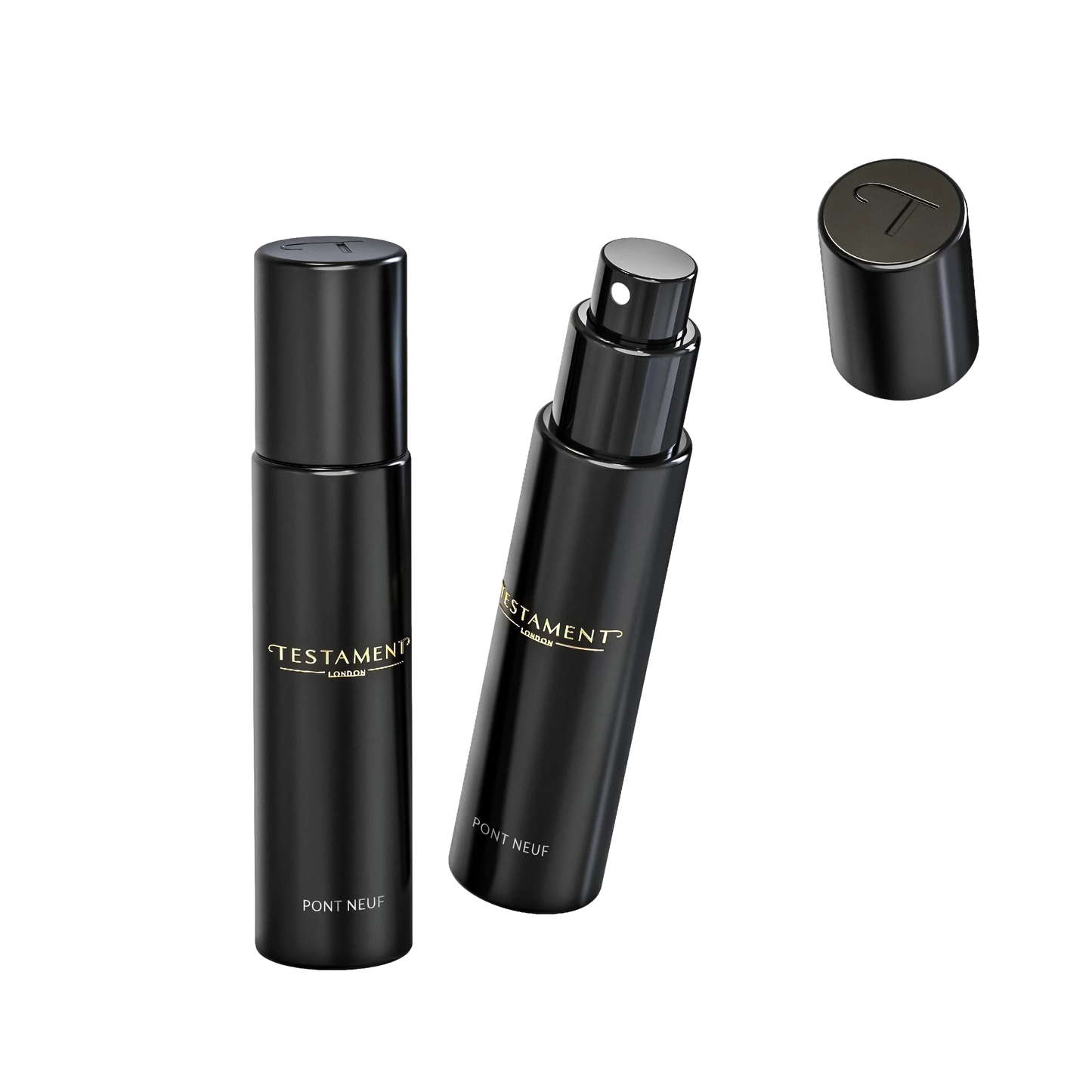Two black 'Testament' perfume bottles on a white background