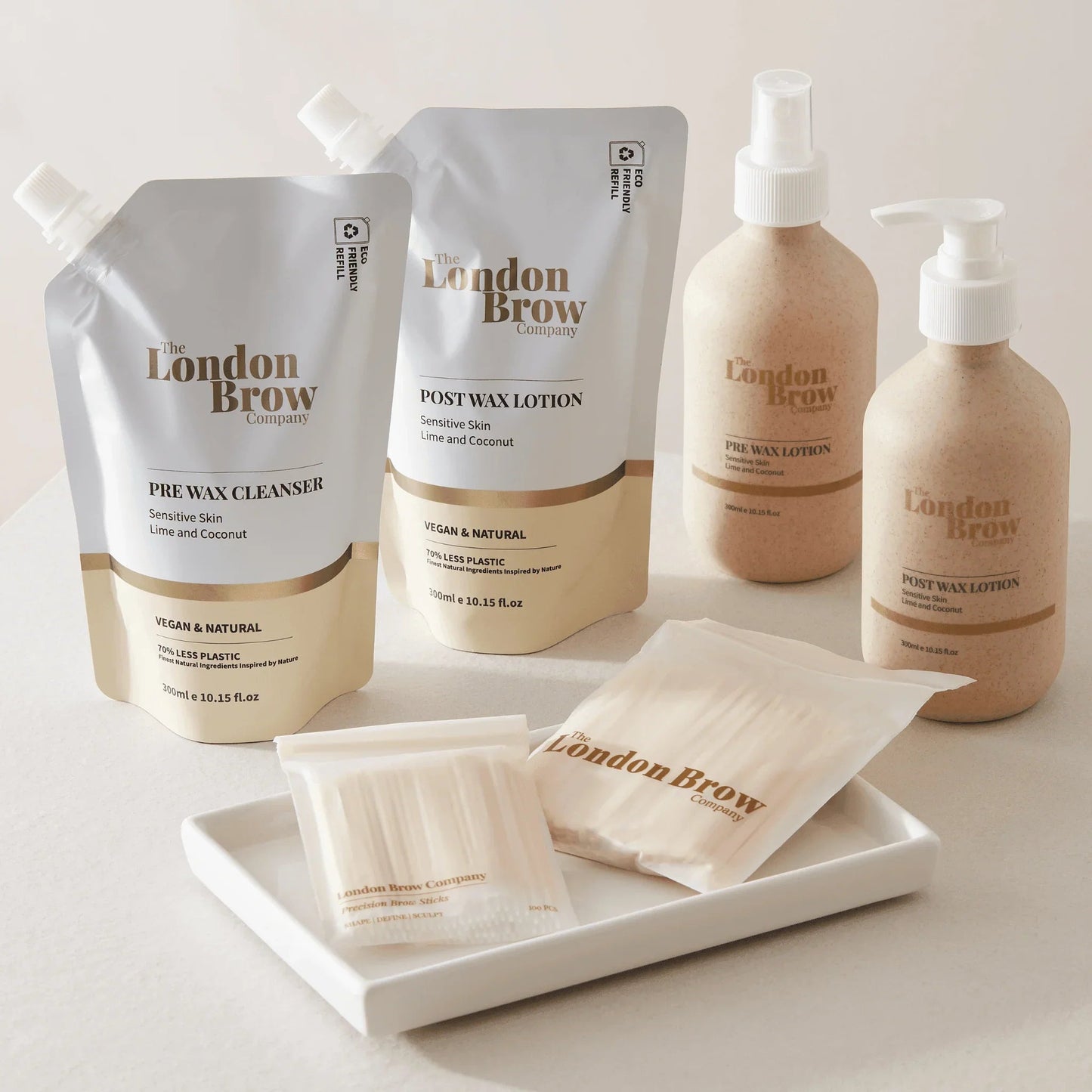 The London Brow Company skincare products on a white surface