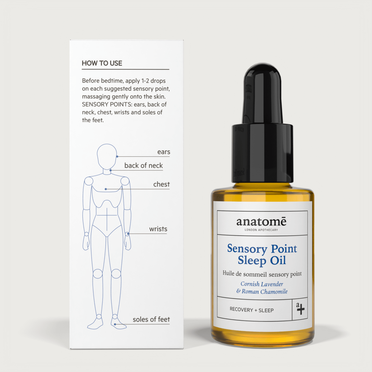 Anatomé Sensory Point Sleep Oil bottle with usage guide on a marble background