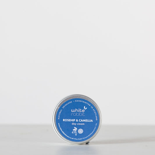 White Rabbit Rosehip & Camellia day cream container on a white background