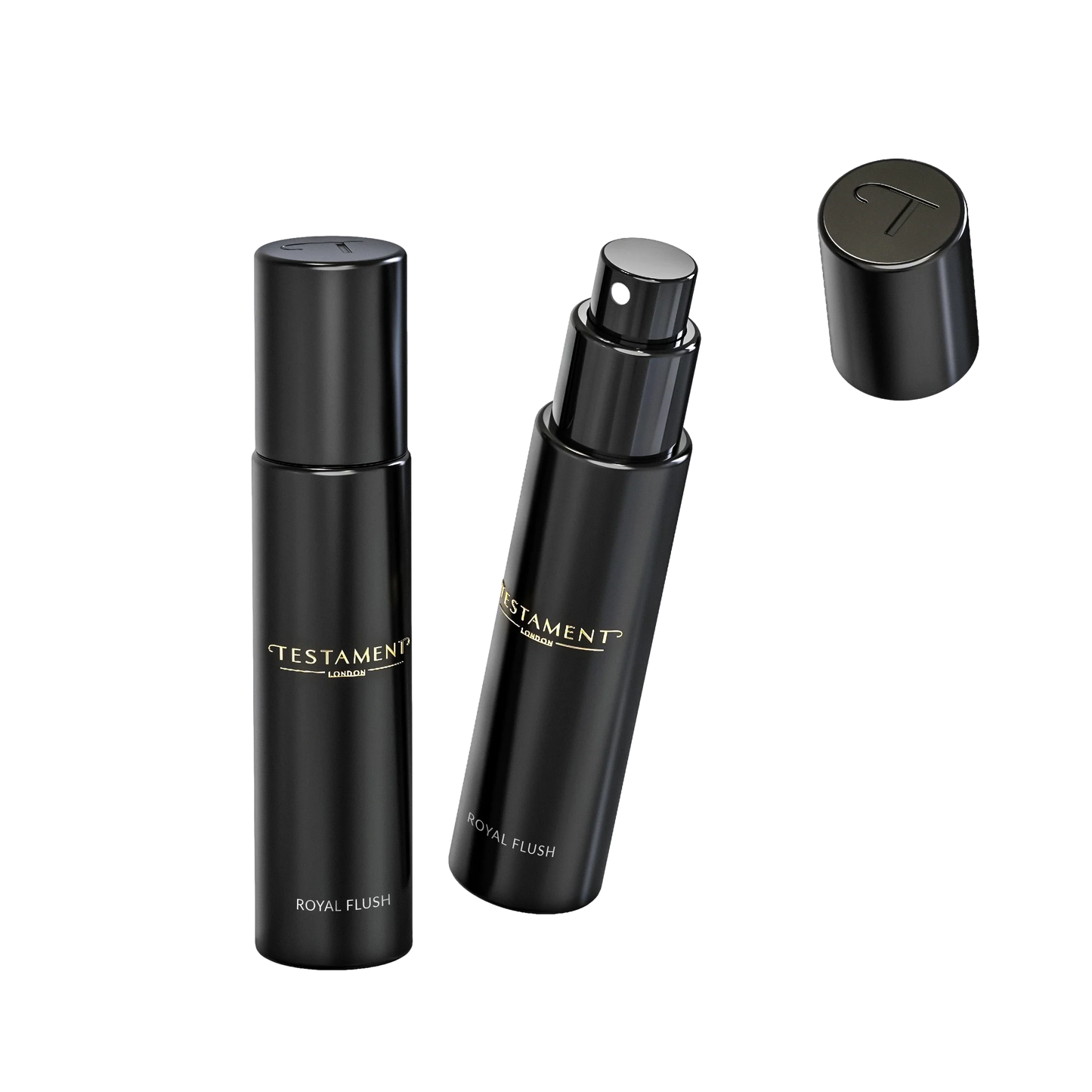 Two black 'Testament' perfume bottles on a white background