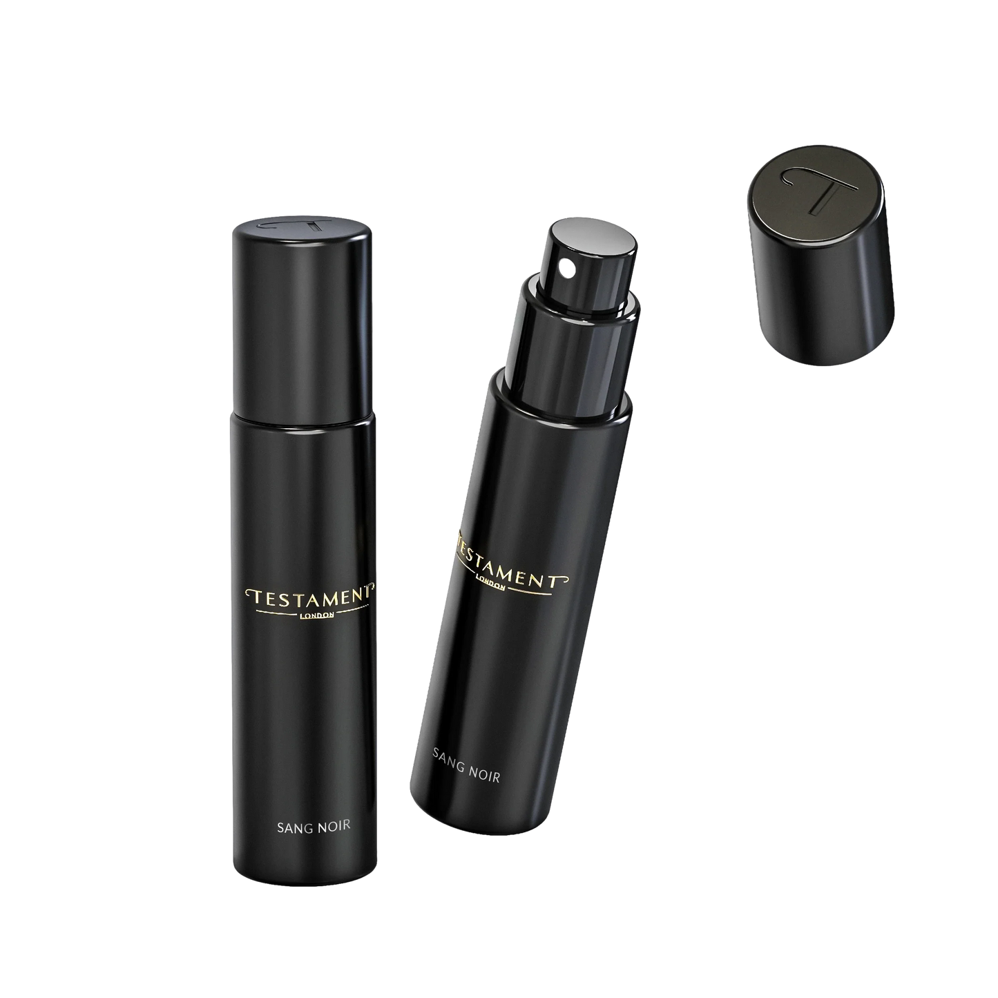 Two black 'Testament' perfume bottles on a white background