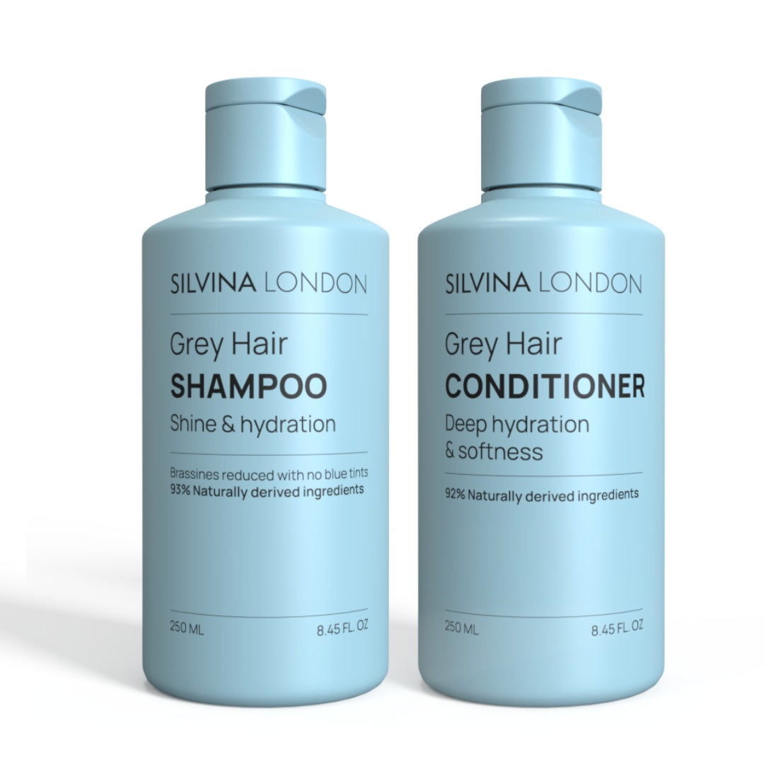 Silvina London Grey Hair Shampoo and Conditioner bottles on a white background