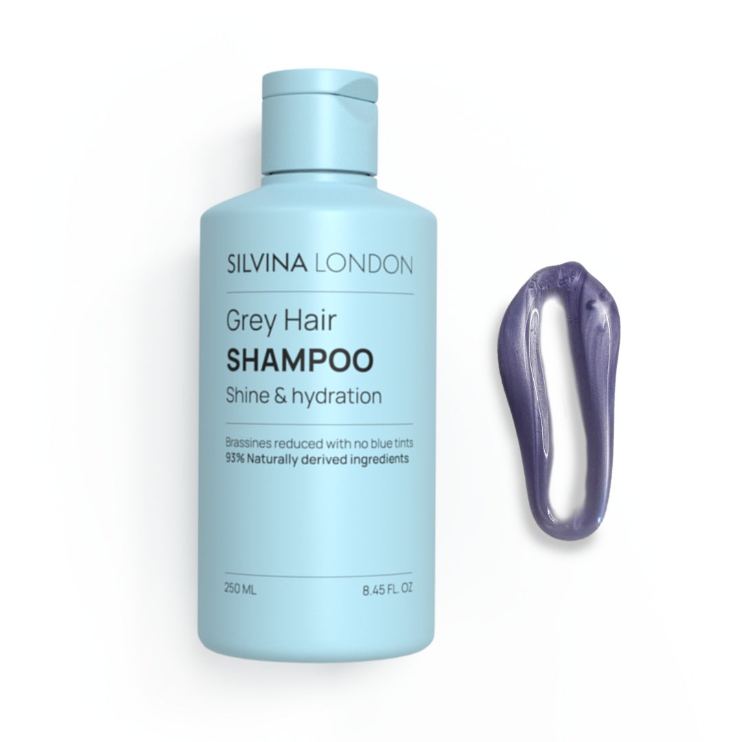 Silvina London Grey Hair Shampoo bottle with a sample on a white background