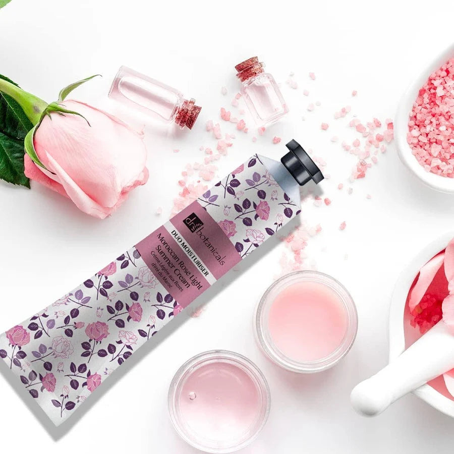 Skincare products with floral packaging on a white background