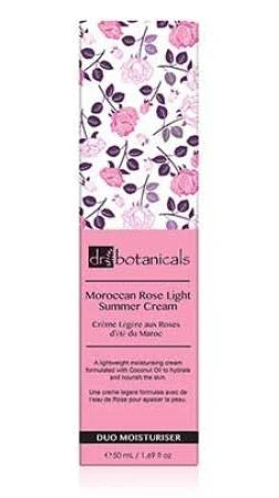 A tall rectangular skincare bottle with a pink floral label, reading 'dr. botanicals Moroccan Rose Light Summer Cream' and 'Duo Moisturiser,' on a white background.