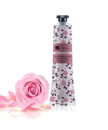 A tube of Dr. Bio Technical Hand & Foot Moisturiser in Announce Rose Light scent, decorated with a pink rose and purple leaf pattern on a white background, next to a fresh pink rose.