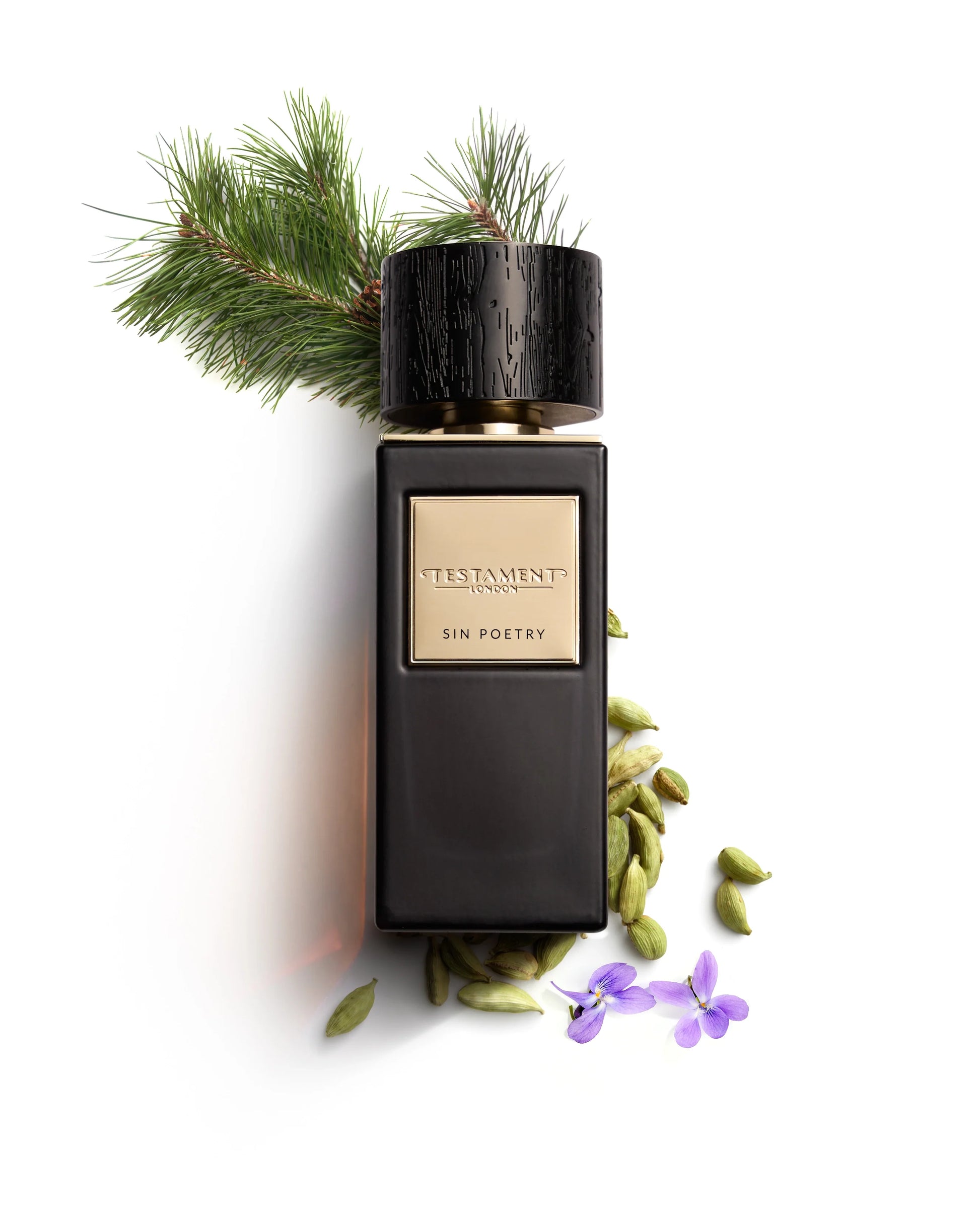 Black perfume bottle with gold label on a white background