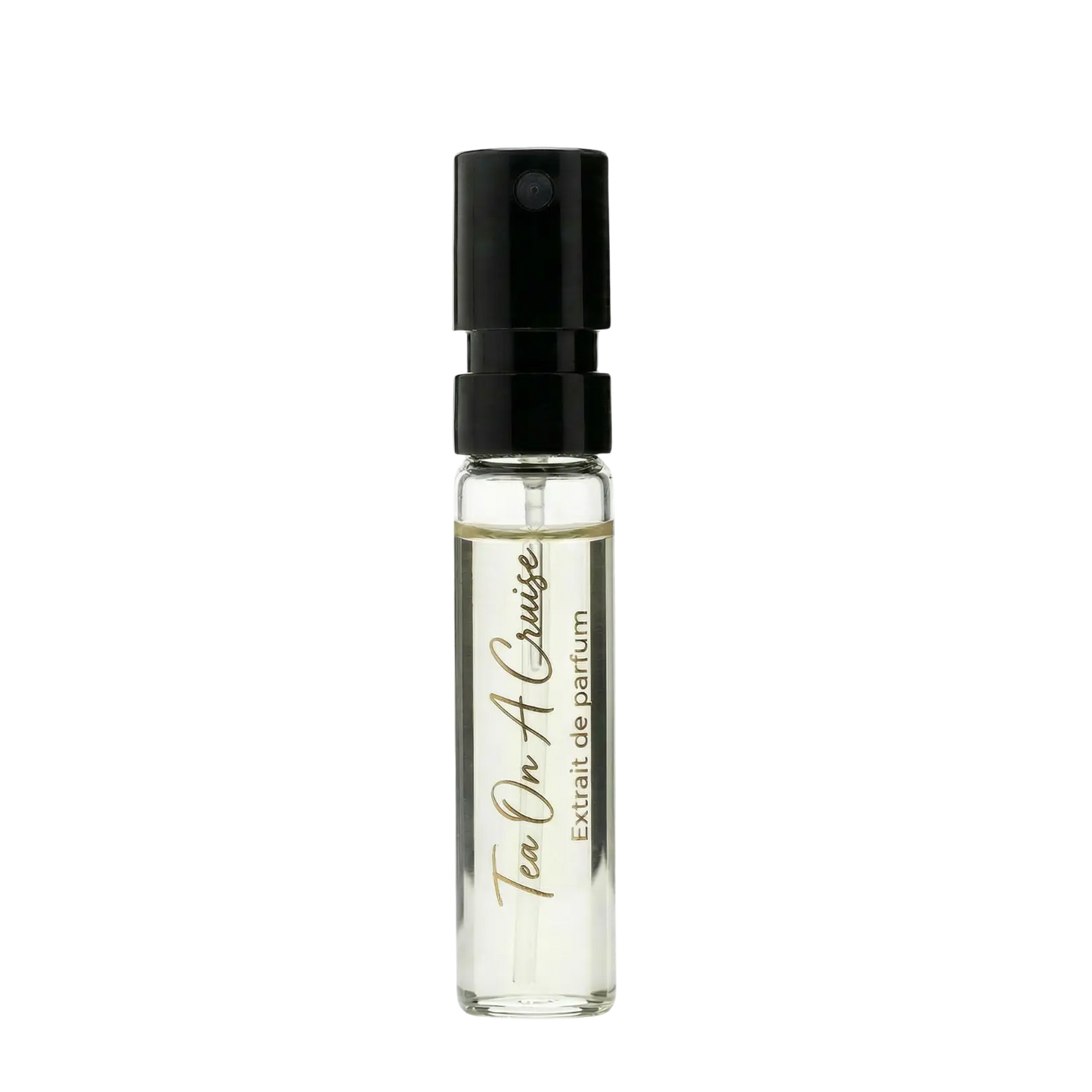 Small glass perfume bottle with black cap on a white background