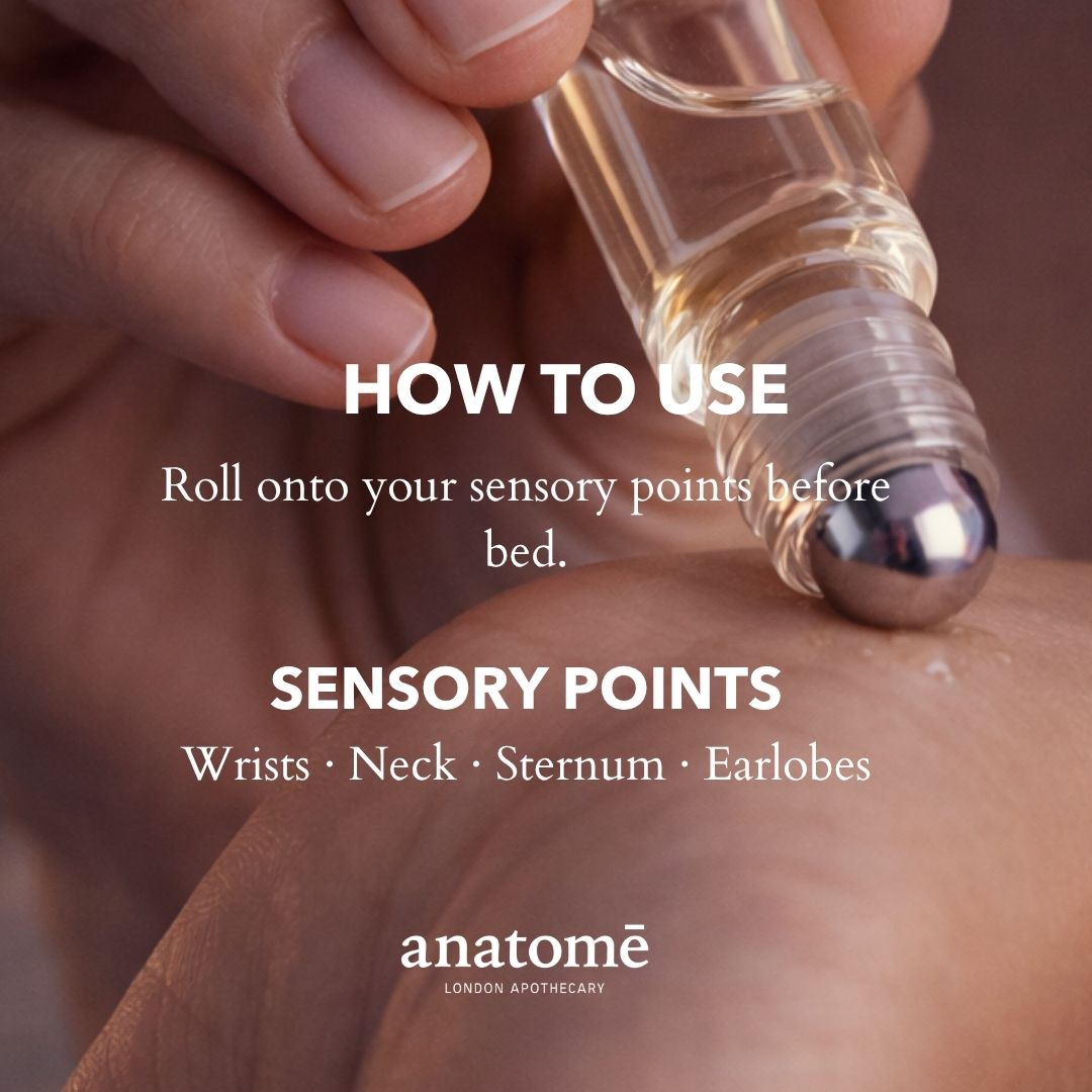 Hand applying a dropper of a clear liquid to skin with text on sensory points and brand name 'anatomé'.