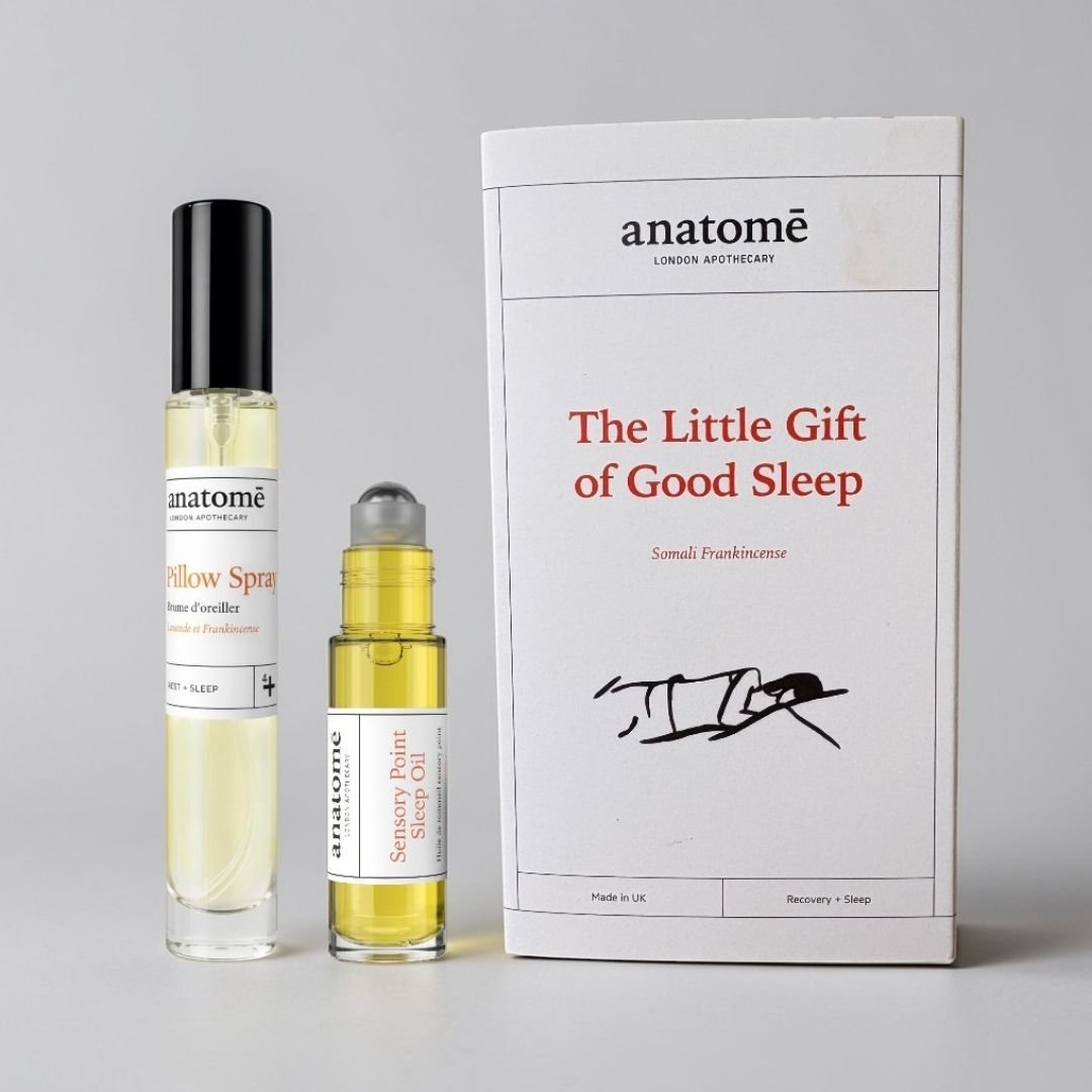 Two bottles of anatomé products and their packaging on a grey background