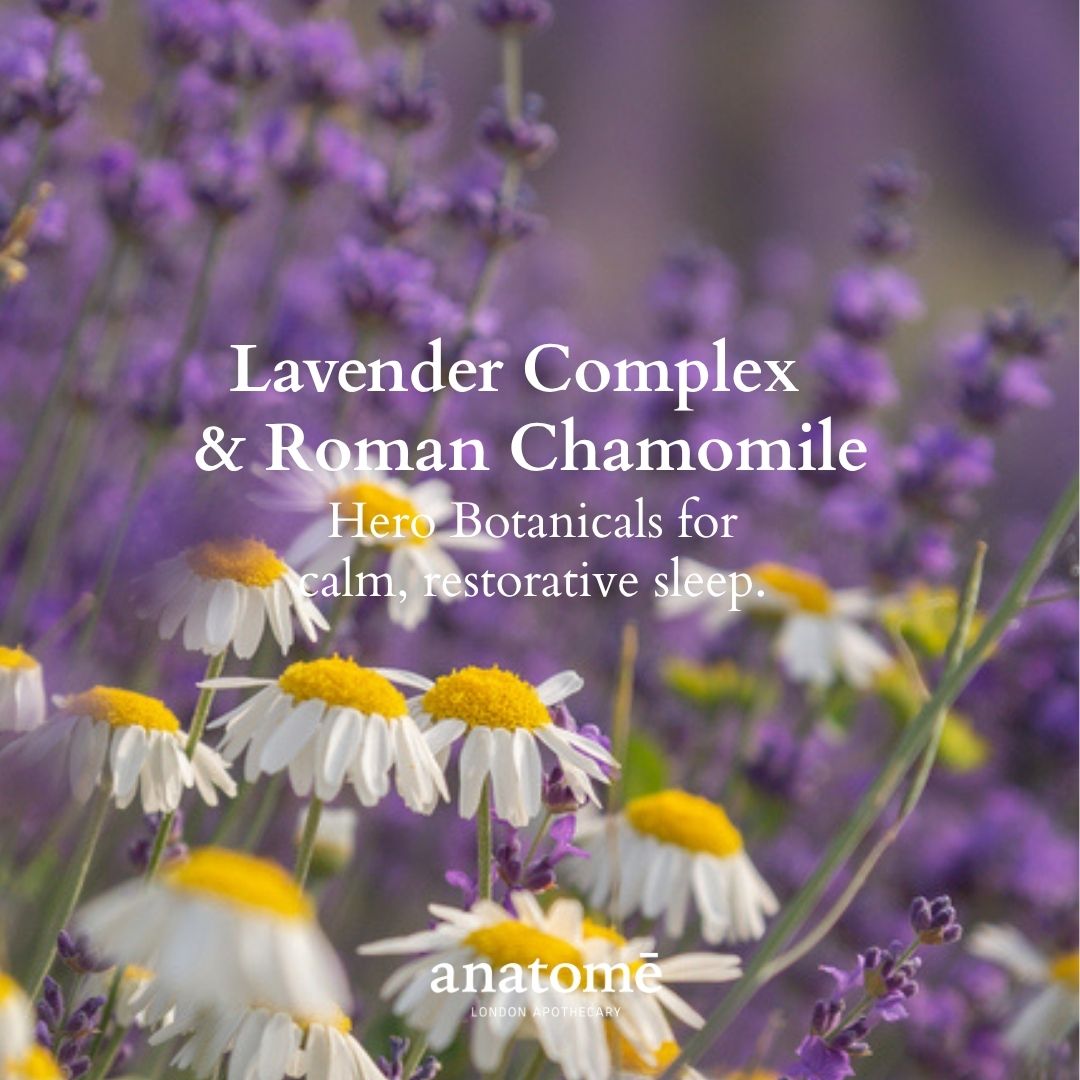 Floral arrangement with text about lavender complex and Roman chamomile, featuring the brand 'anatome'.