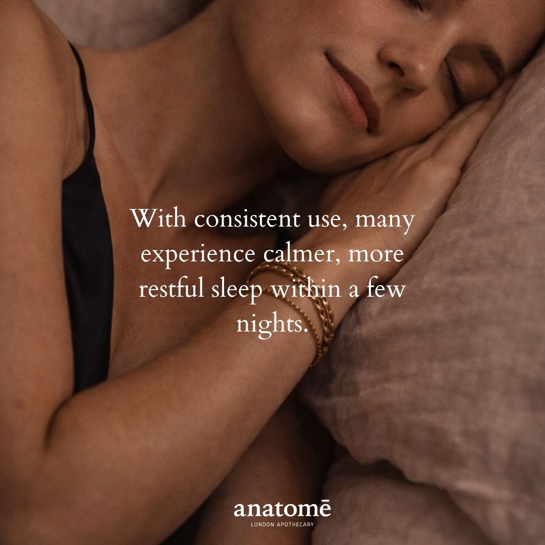 Person lying down with a quote about sleep quality and 'anatome' branding.