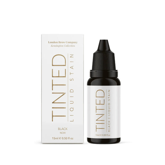 Tinted liquid stain bottle and packaging on a white background