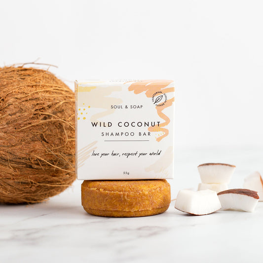 Wild Coconut shampoo bar with packaging on a white background